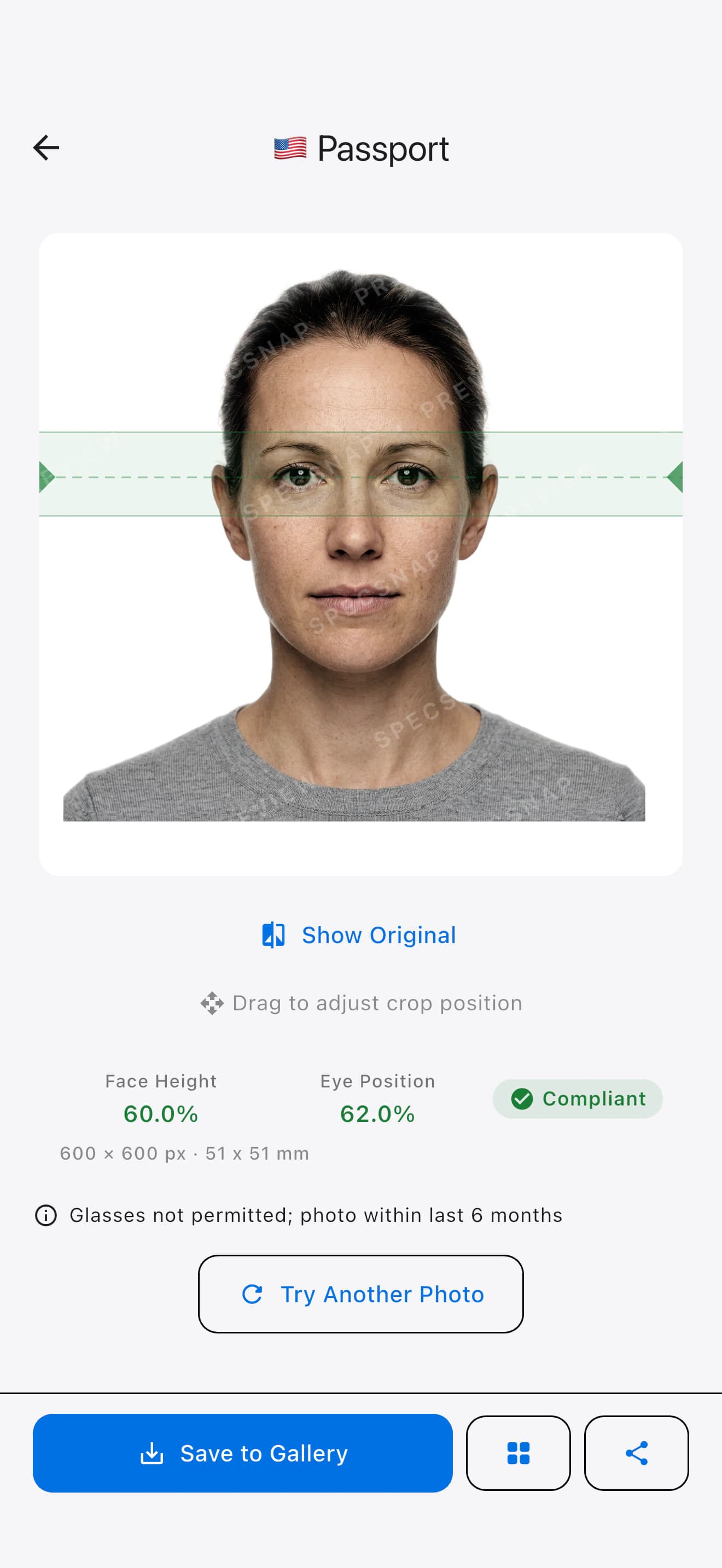 SpecSnap result screen showing a Singapore passport photo with face height, eye position, and compliance check